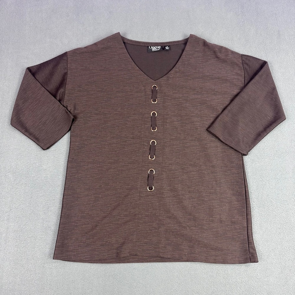 Onque Casual Brown Ribbed V-Neck Top Grommet Detail 3/4 Sleeve Small